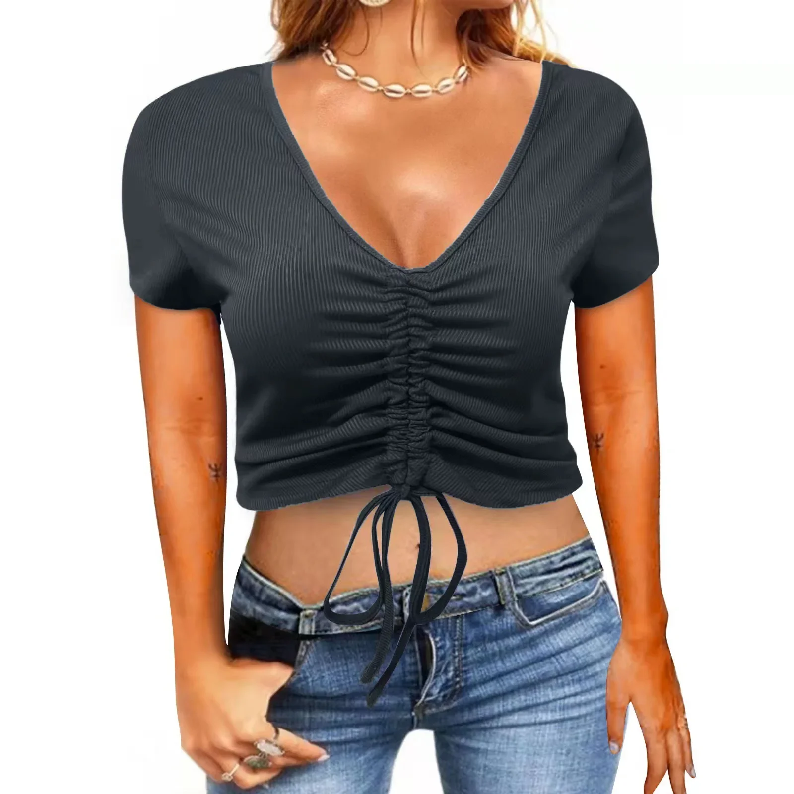 New Top European and n womens sports draw rope slim t-shirt womens Amazon Wish Fashion V-neck gray22
New Top European and n womens sports draw rope slim t-shirt womens Amazon Wish Fashion V-neck gray22