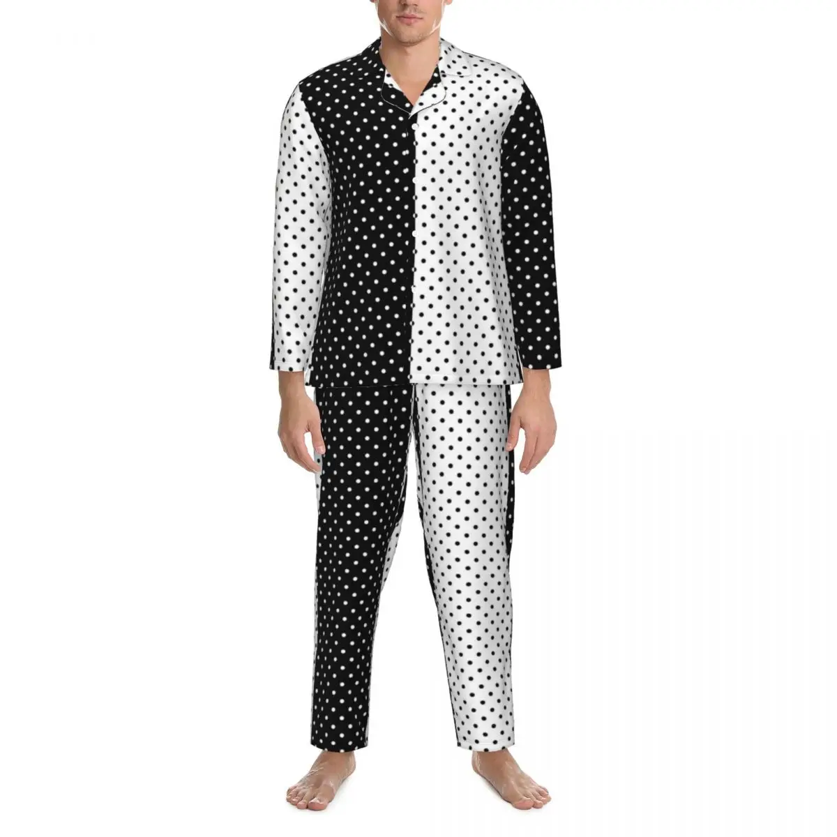 

Black And White Two Tone Pajama Sets Retro Polka Dot Romantic Sleepwear Man Long Sleeve Casual Loose Daily 2 Pieces Nightwear