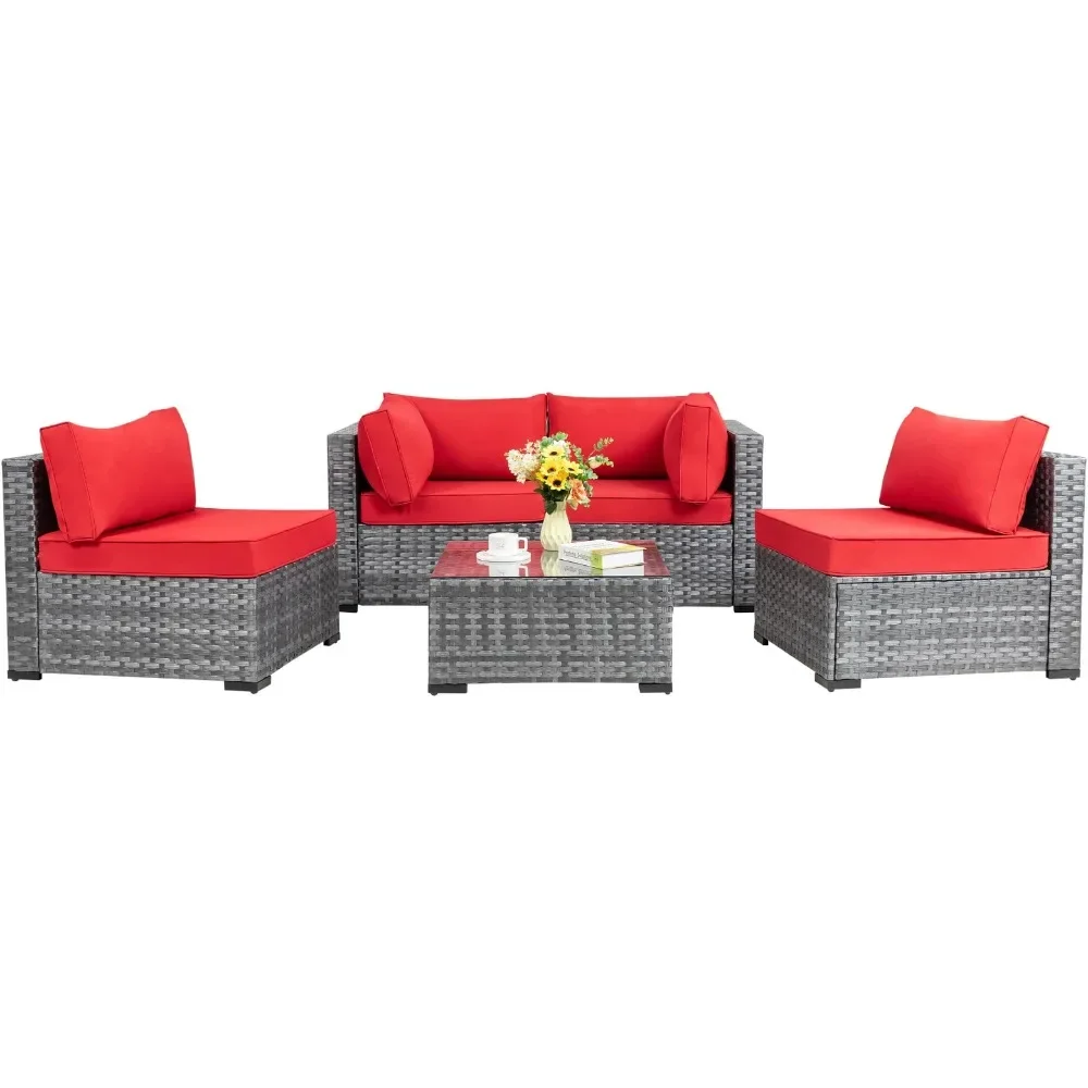 

Outdoor Sofa Set of 5 with Washable Cushions & Glass Coffee Table, 5 Pieces Outdoor Patio Sectional Sofa Couch