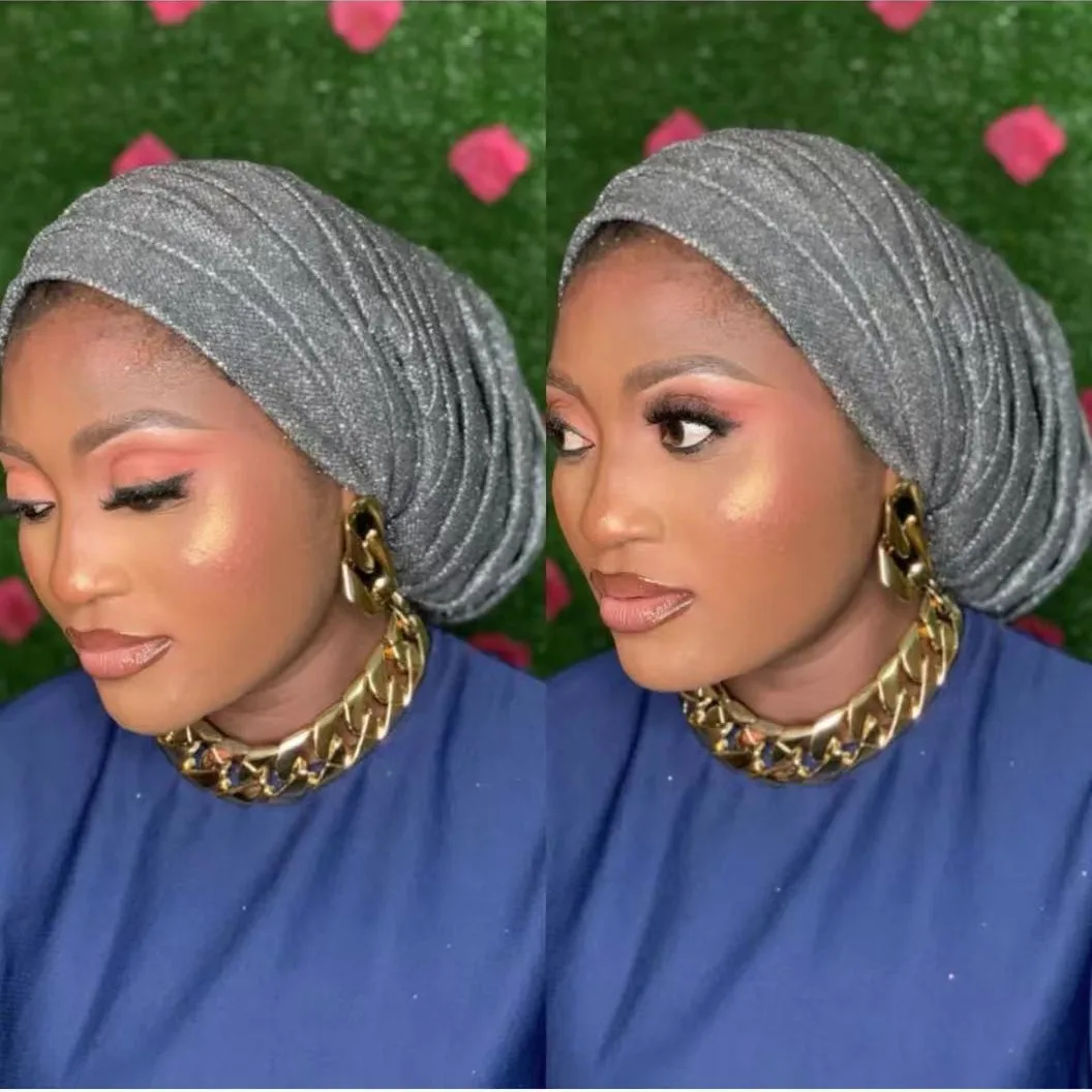 

Модная блестящая женская плиссированная тюрбан, африканская шапка, нигерийская шапка, гелевые мусульманские головные уборы, эластичная шапочка для выпадения волос, головные повязки в африканском стиле