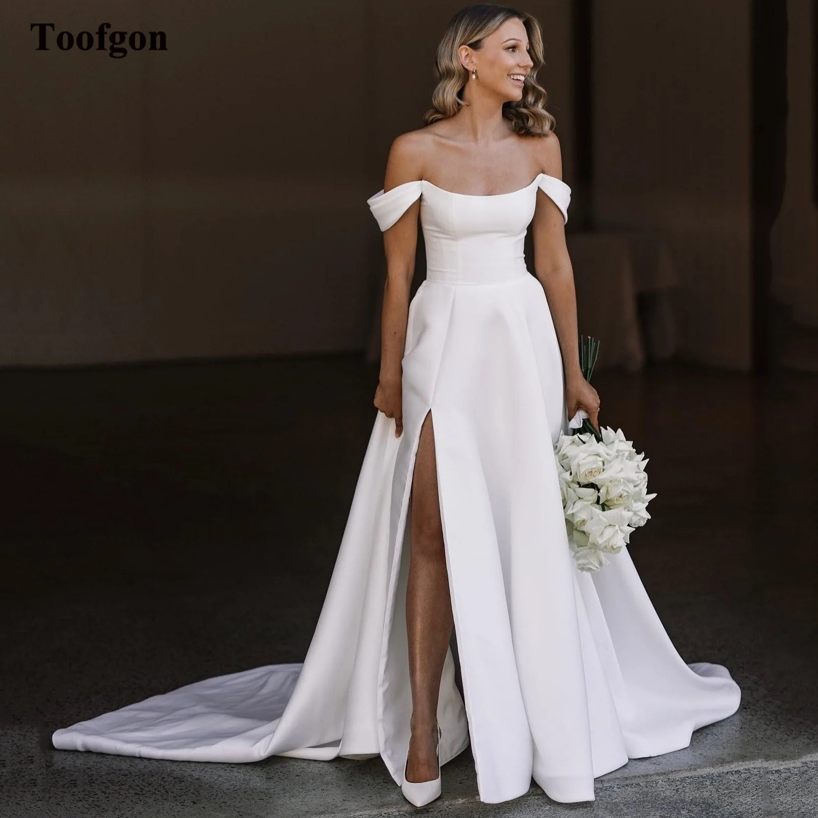 

Toofgon A Line Satin Long Wedding Dresses For Bride Formal Off The Shoulder Leg Slit Bridal Gowns Special Party Gowns 2024