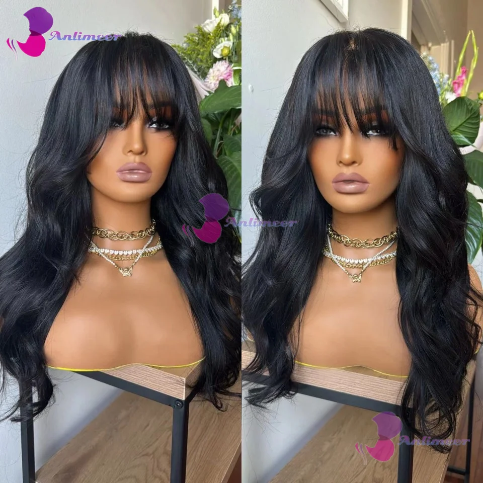 

Jet Black Body Wave Human Hair Wigs With Bangs 5x5 PU Silk Base Closure Wig 200% Density Malaysian Remy Hair Wavy Wigs For Women