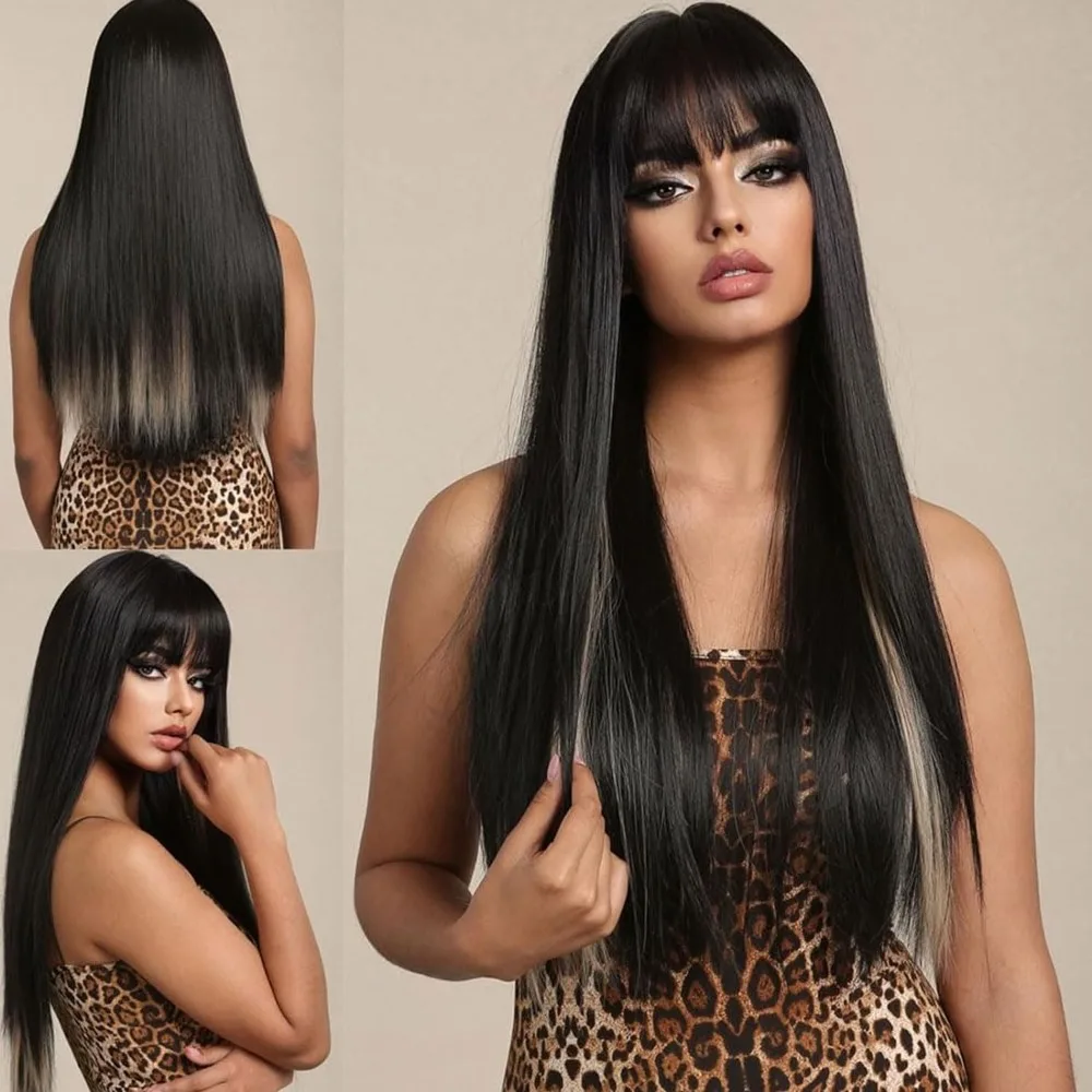 

SNQP Long Straight Synthetic Wig for Women with Bangs 26inch Black with Brown Wigs for Daily Party Cosplay Heat Resistan Fiber