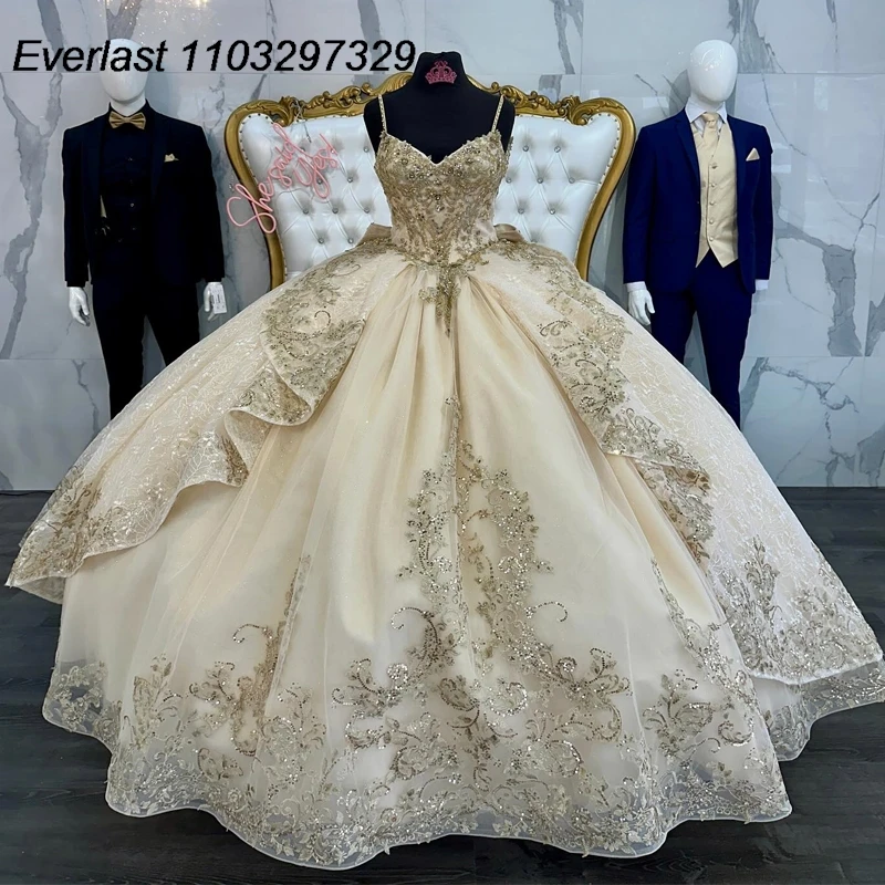 

EVLAST Glitter Champagne Quinceanera Dress Ball Gown Gold Lace Applique Beading Tiered Corset Sweet 16 Vestido De 15 Anos TQD381