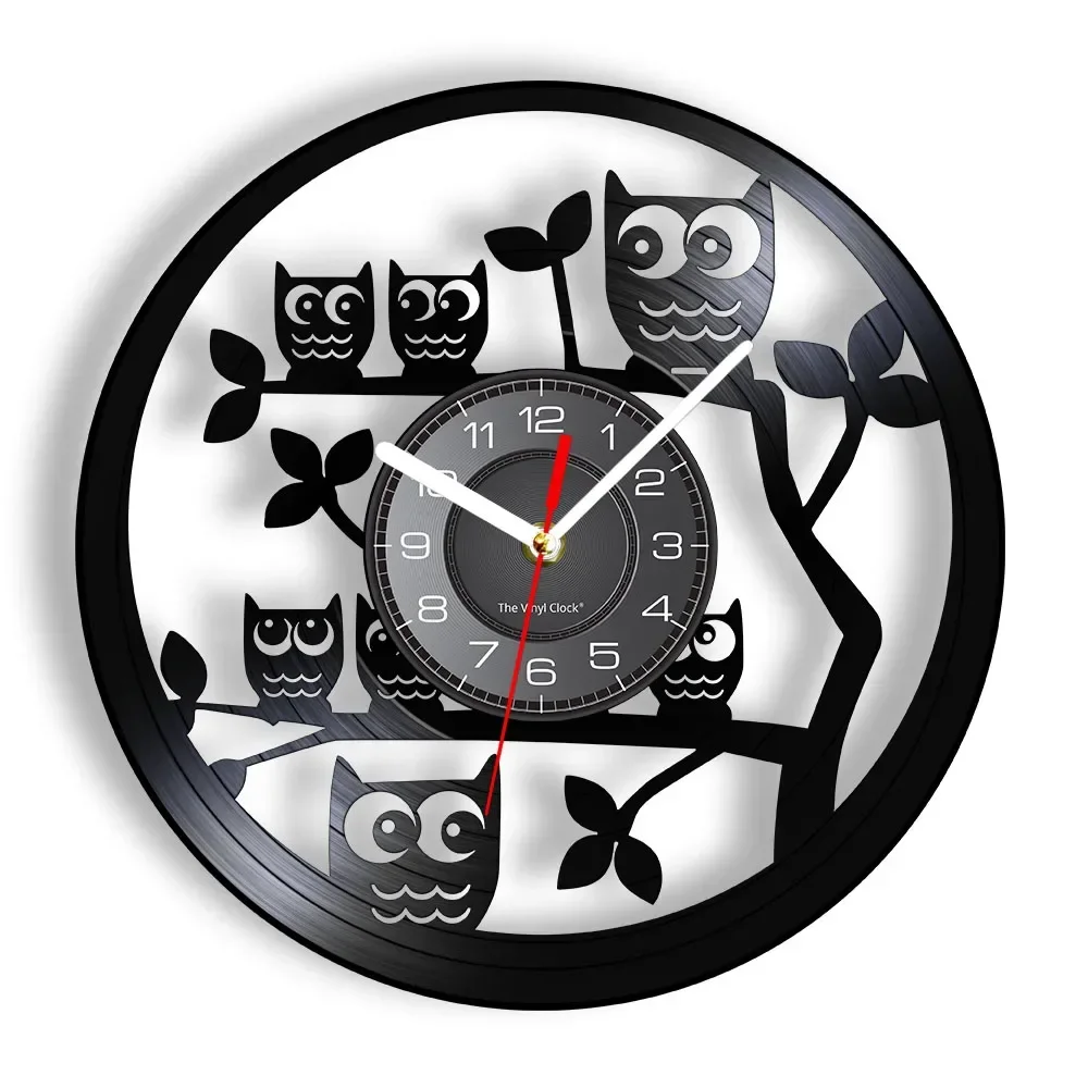 

Детские настенные часы с виниловой пластиной и совами, украшение для дома, детская комната, 7-цветный пульт дистанционного управления, светодиодные ночные часы с виниловым рисунком и птицами, подарок