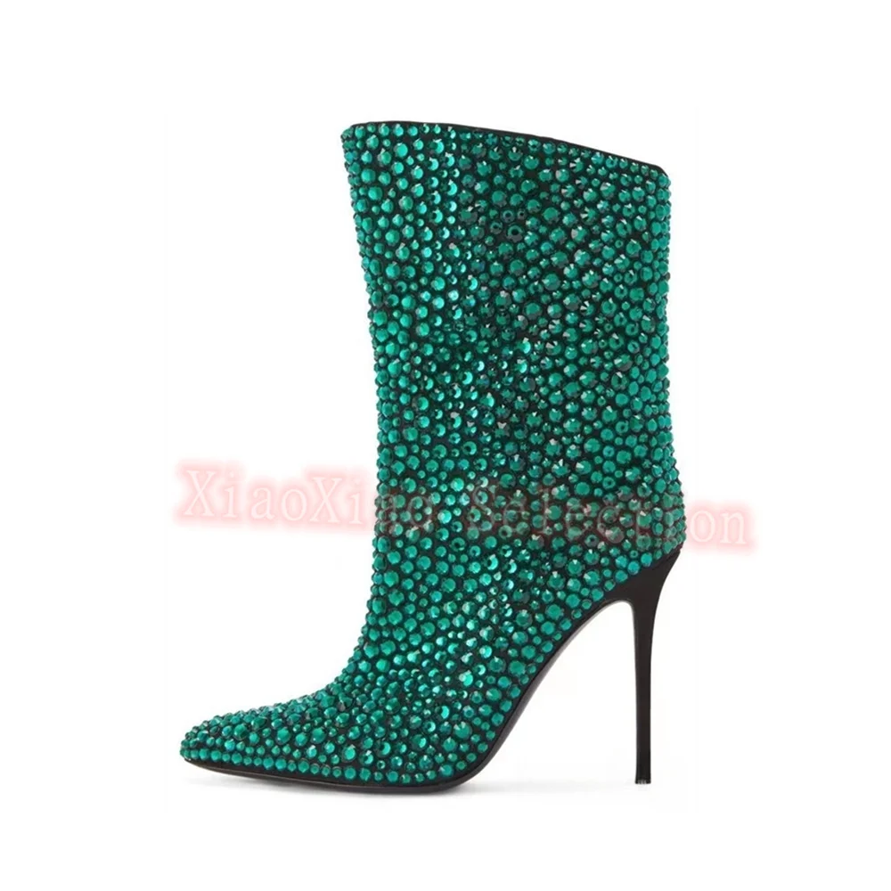 

New Full Body Of Shoes All-Over Rhinestones Covered Pointed Stiletto Sexy Fashionable Banquet Party Women's Pumps Short Boots