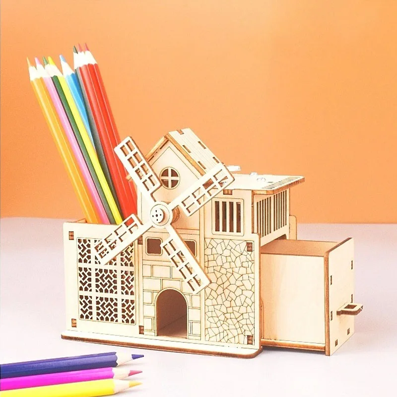 

Wooden windmill music box model 3D three-dimensional children's puzzle toy hand assembled desktop creative pen holder toy