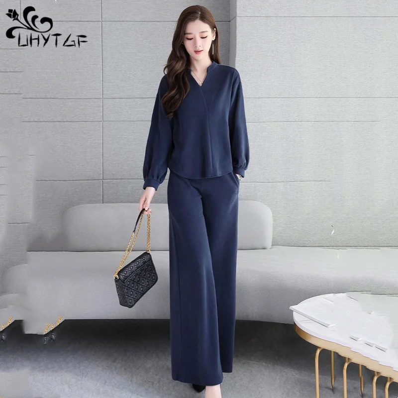 

UHYTGF Pants Sets For Women Spring Autumn New Fashion V-Neck Nine-Point Sleeve Top Elastic Waist Wide Leg Pants Ladies Two-Piece