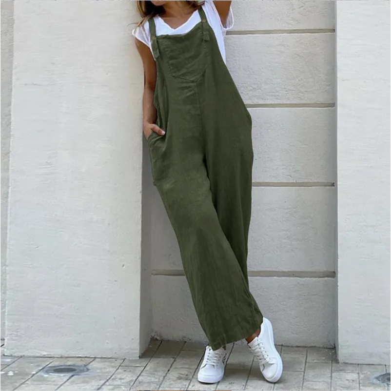 

Summer Women Cotton Linen Jumpsuit Fashion Sleeveless Wide Leg Dungarees Solid Long Rompers Casual Comfortable Casual Playsuit