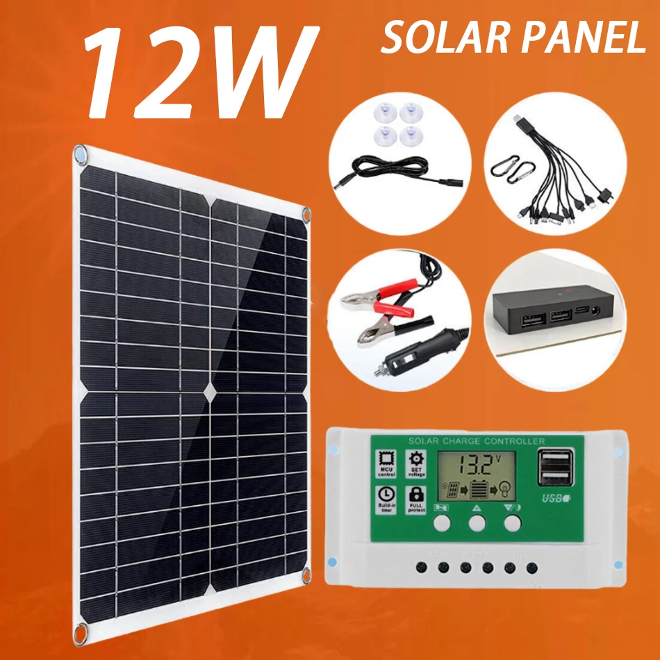 12W 18V Solar Panel Monocrystal 10A 100A Controller12Vset Type-c Type Interface Outdoor Camping Portable Solar Panel Charger Kit
12W 18V Solar Panel Monocrystal 10A 100A Controller12Vset Type-c Type Interface Outdoor Camping Portable Solar Panel Charger Kit