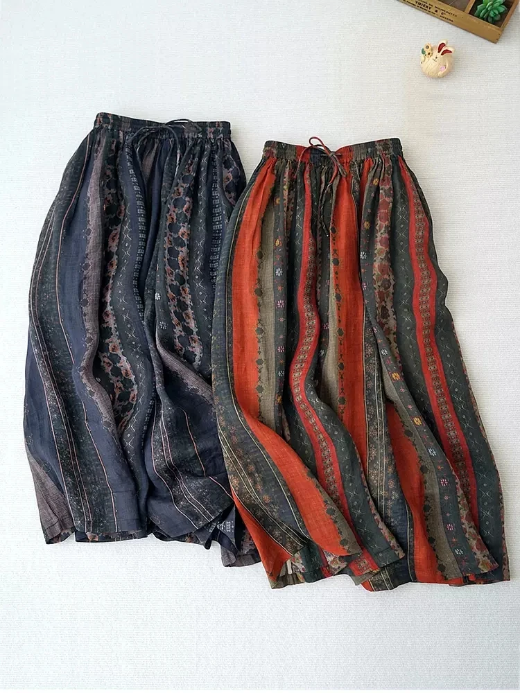 

68-88cm Waist Summer Women Casual Loose Plus Size Mori Girls National Trend Print Comfortable Thin Ramie Skirts