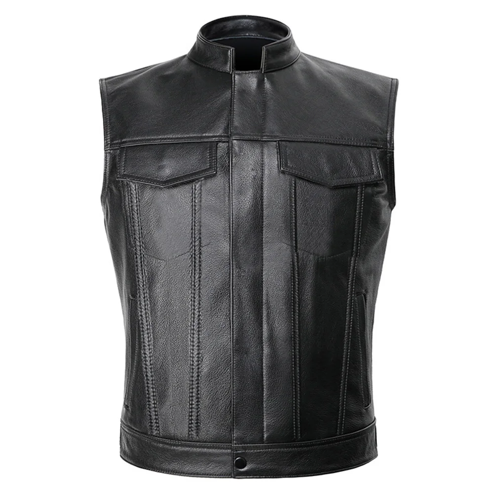 

Stylish Men\\\\\\'s Sleeveless Faux Leather Waistcoat with Stand Collar Ideal for Club Motorcycle Biker Cut Off Style