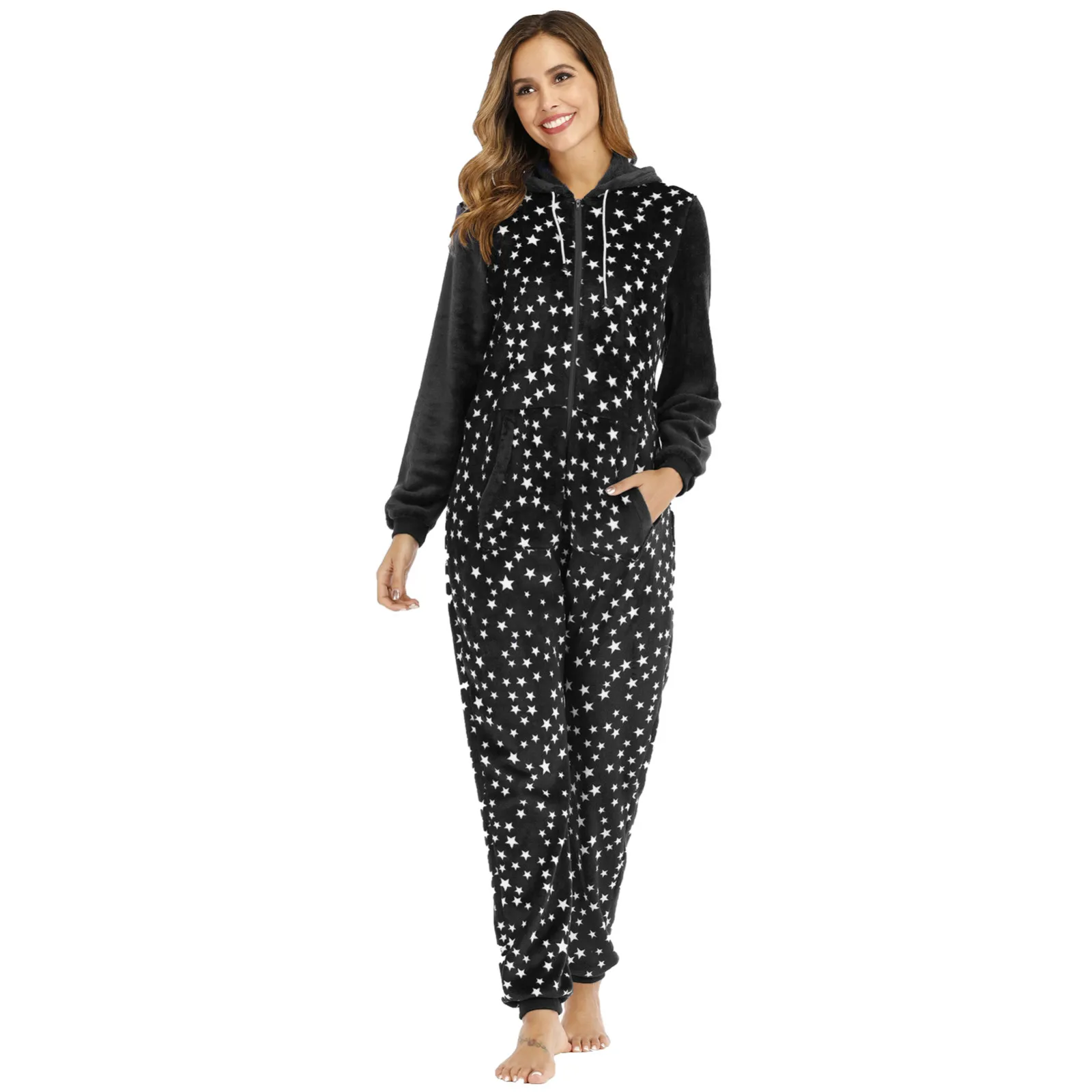 

Women’S Plush Onesie Pajamas Printed Hooded Zipper Jumpsuit Warm Thick Nightgown Vantage Loungewear Party Nightgown Sleepwear