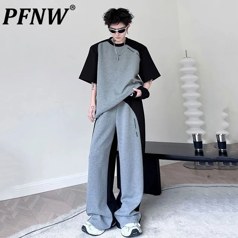 

PFNW Patchwork Men Two-piece Suit Contrast Color Letter Short Sleeve T-shirt Straight Sweatpants Men's Set 2024 Summer 28W3294