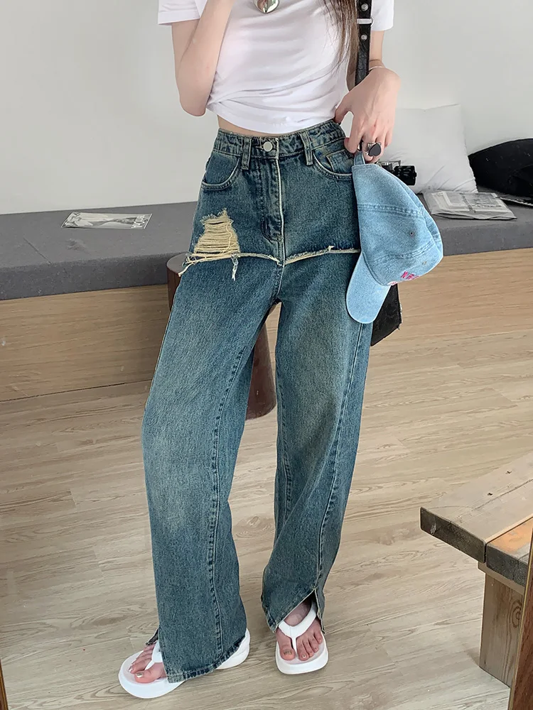 

Женские джинсы с завышенной талией Slergiri, уличные Модные Винтажные рваные джинсы в Корейском стиле, женские свободные прямые брюки с разрезом, 2024