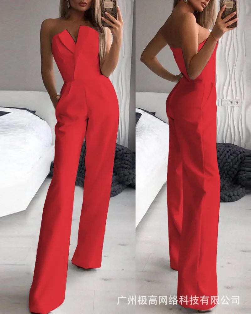 

Jumpsuit Women 2024 Summer Fashion Strapless Sleeveless Casual Pocket Design High Waisted Daily Long Jumpsuit Y2K Streetwear
