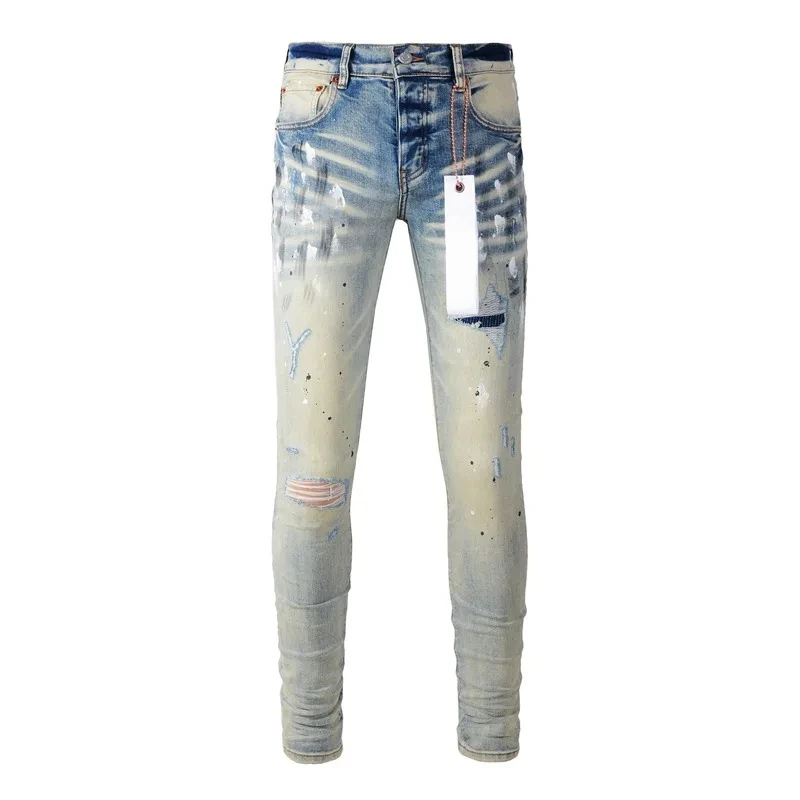 

Purple branded jeans, high street paint, ripped holes, distressed repairs, low raised skinny denim trousers