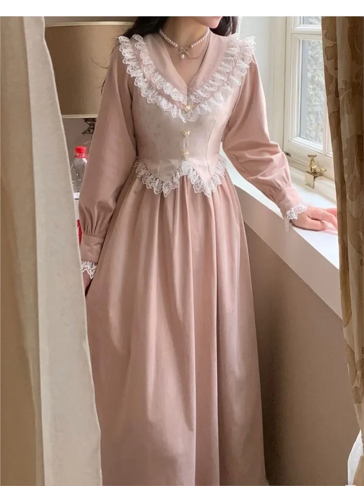 

Женское винтажное платье с длинным рукавом, повседневное элегантное платье средней длины из французского розового кружева с имитацией двух частей в стиле принцессы, модель 2024 года
