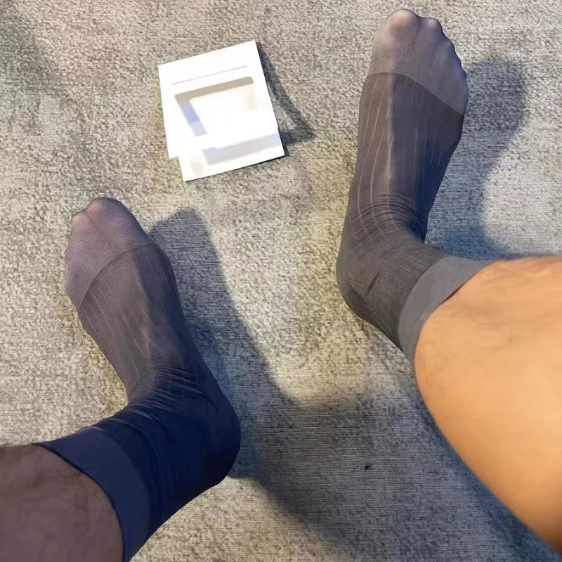 

Классические носки, мужские шелковые нейлоновые прозрачные чулки, мужские полосатые ультратонкие эротические Формальные носки, мужские сексуальные прозрачные деловые носки