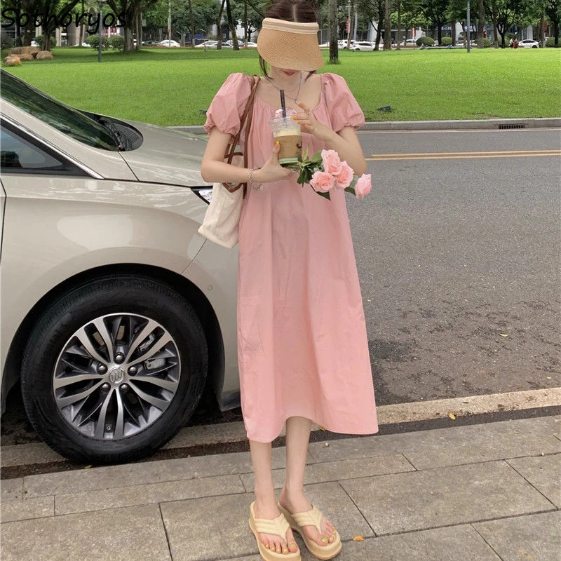 

Миди-платья женские розовые милые чистые праздничные Популярные темпераментные летние платья в японском стиле с пышными рукавами для отдыха