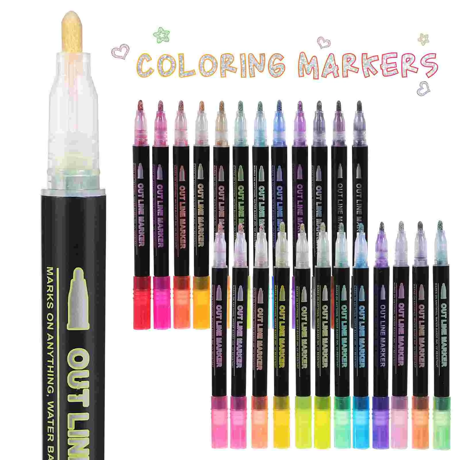 24pcs Glitter Markers Double Line Shimmer Outline Pens Coloring Pens for Painting Crafting Cards
24pcs Glitter Markers Double Line Shimmer Outline Pens Coloring Pens for Painting Crafting Cards