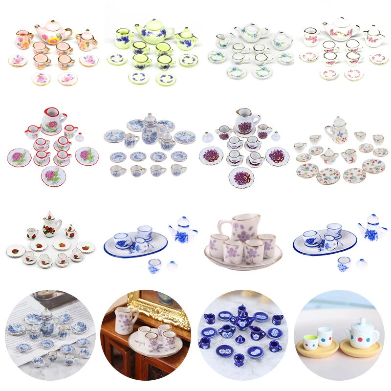

1/12 Miniature Ceramic Teaware Kitchen Teapot Tea Cup Plate Tableware Ornaments Dollhouse Furniture Toys Dining Ware