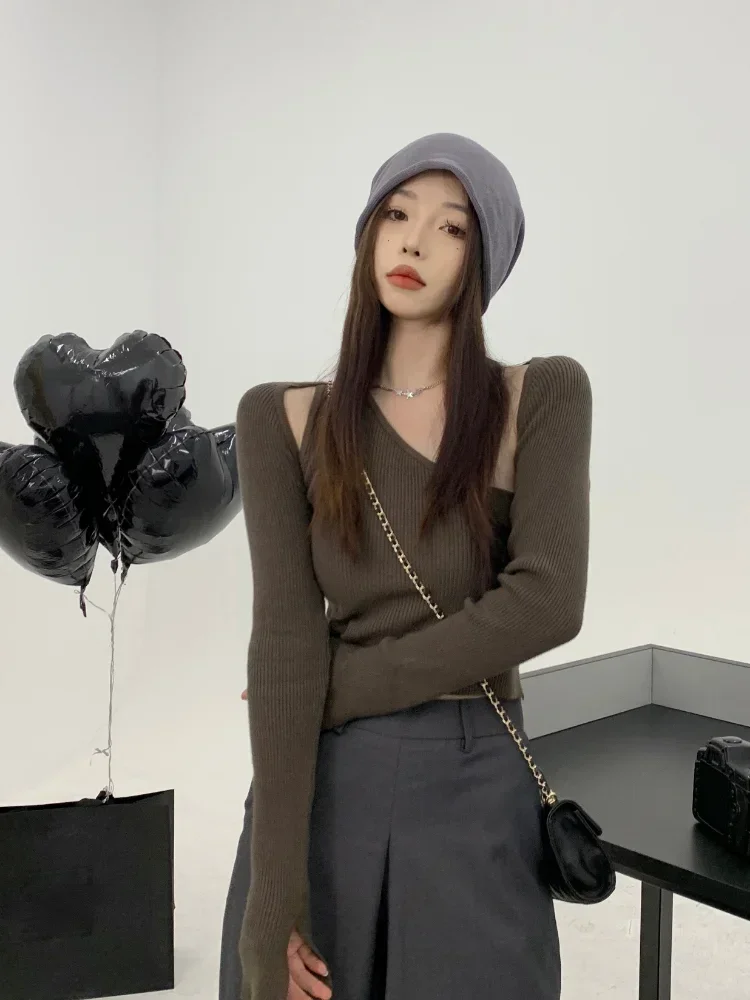 

Модный корейский женский облегающий Топ Y2k + необычный комплект из двух предметов с длинным рукавом, трикотажный кардиган, привлекательная элегантная одежда, 2024
