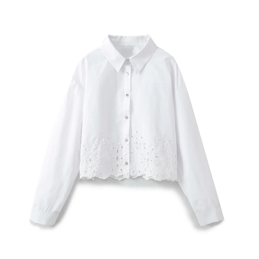 

Women's Spring 2024 New Fashion Joker Exquisite Openwork Embroidered Short Shirt Retro Long Sleeve Button Chic Top.
