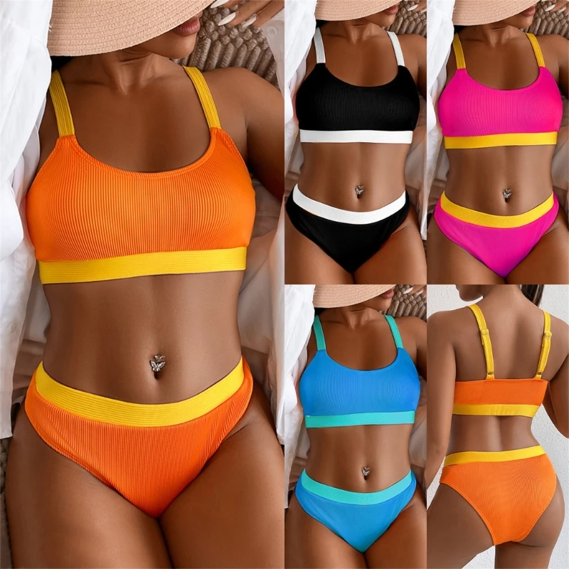 

2024 New Women High Waisted Bikini Set 2Pieces Sports-Color Block Wireless Swimsuit Scoop-Neck Cheeky Bathing Suit with Padded