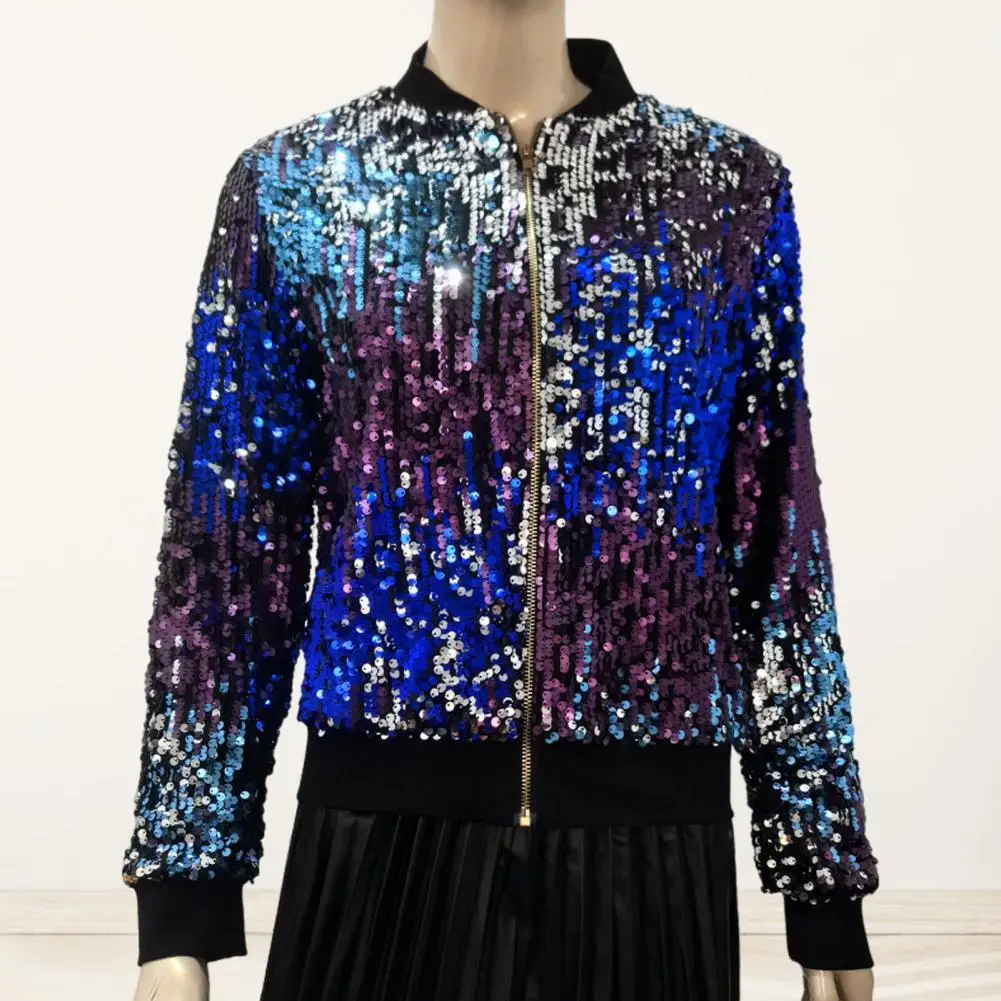 

Sequined Jacket Sequin Decor Long Sleeve Women's Cardigan Jacket with Elastic Cuff Hem Zipper Closure Solid Color Striped Lady