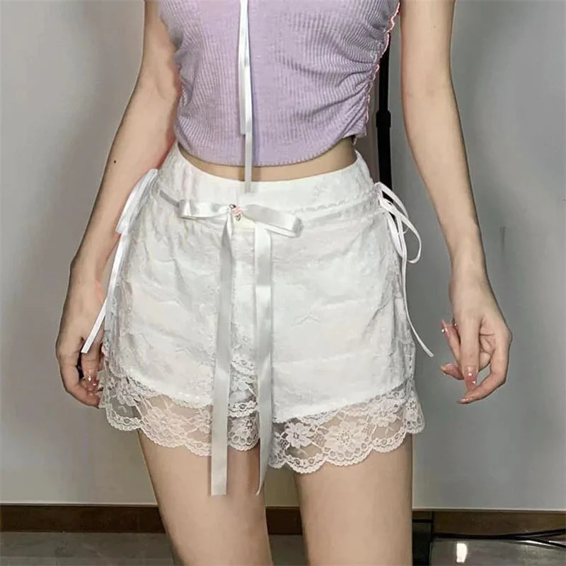 

Cute White Lace Shorts y2k Women Fairycore Aesthetic Elastic High Waist Ruffles Frill Layered Bodycon Bottoms Mini Short Pants