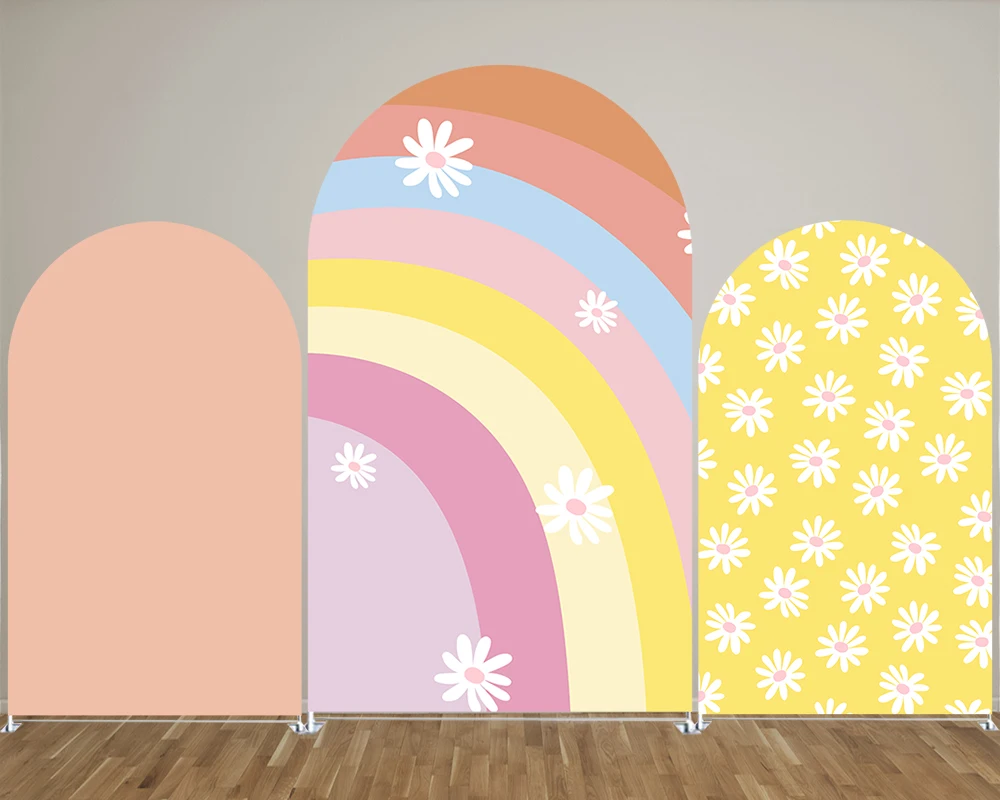 

Rainbows Arched Backdrop Covers for Groovy Party Daisy Arch Stand Covers Birthday Baby Shower Cake Tablecloth Decor Props