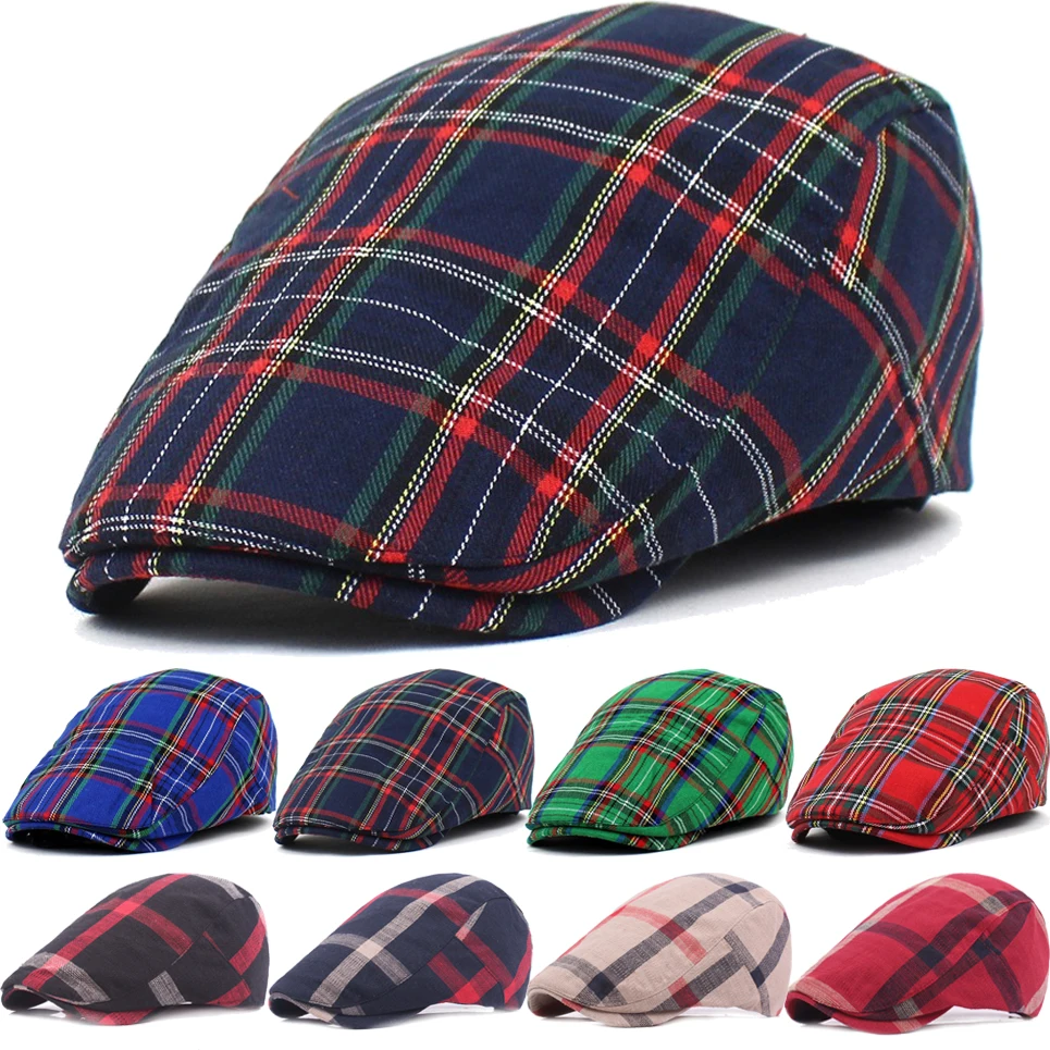 

Retro Plaid Beret Caps For Women Men British Style Adjustable Outdoor Riding Caps Cotton Autumn Winter Hats Berets Top Hat