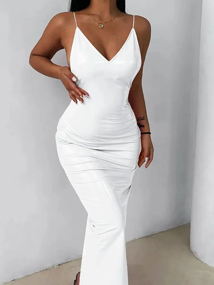 

Sexy Shiny PVC Long Pencil Dresses Deep V Neck Allure Elegant Party Dresses Wrap Hip Slimming Miniskrits Backless Clubwear New