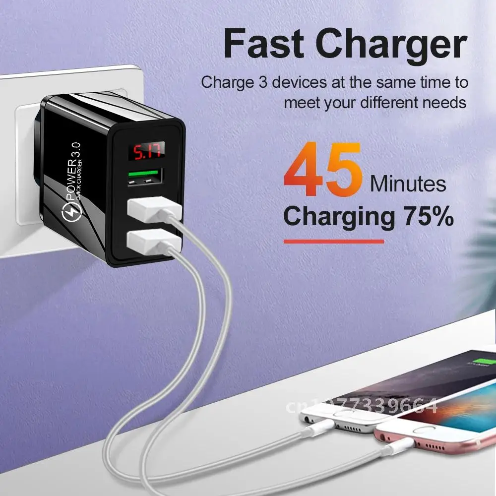 

Quick Charge 3.0 LED Display 3 Ports USB Phone Charger Fast Charging For iPhone 11 Pro Samsung S20 Charger EU Wall Adapter 3.1A