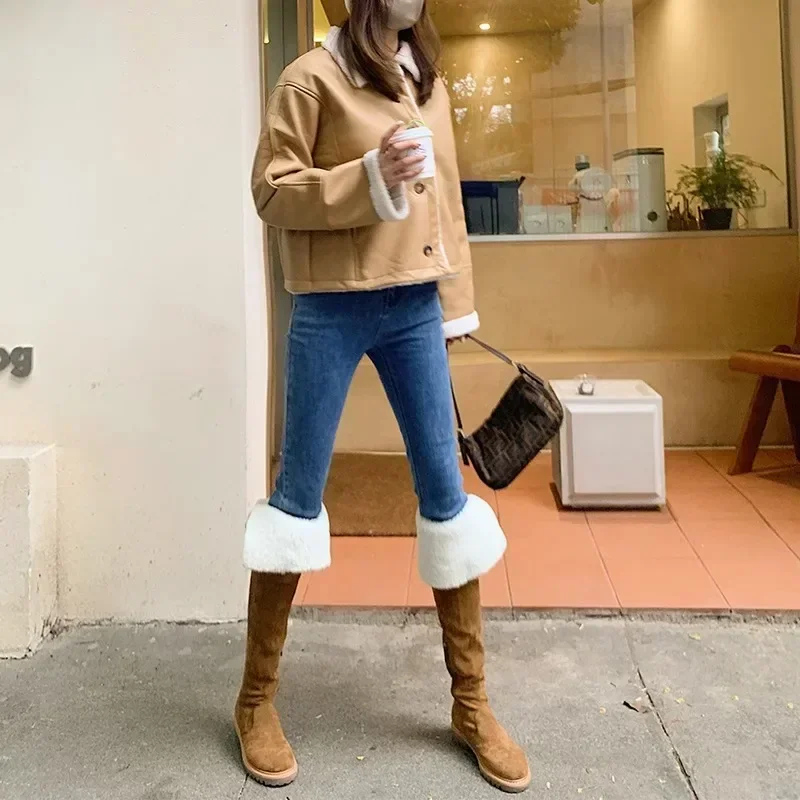 

Lamb Hair Over The Knee Boots Women 2024 New Winter Plus Velvet Warm Snow Boots Tall Long Boots Khaki Cow Suede Flat Botas Shoe
