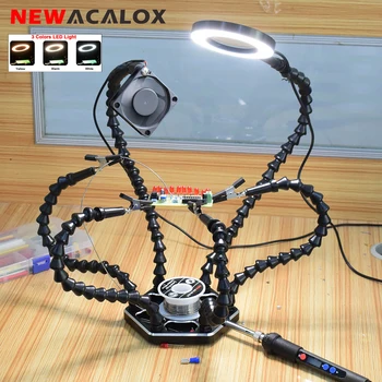 NEWACALOX-납땜, 조립, 수리용 3X LED 확대경, 6 개의 유연한 팔 세 번째 손을 납땜하는 데 도움