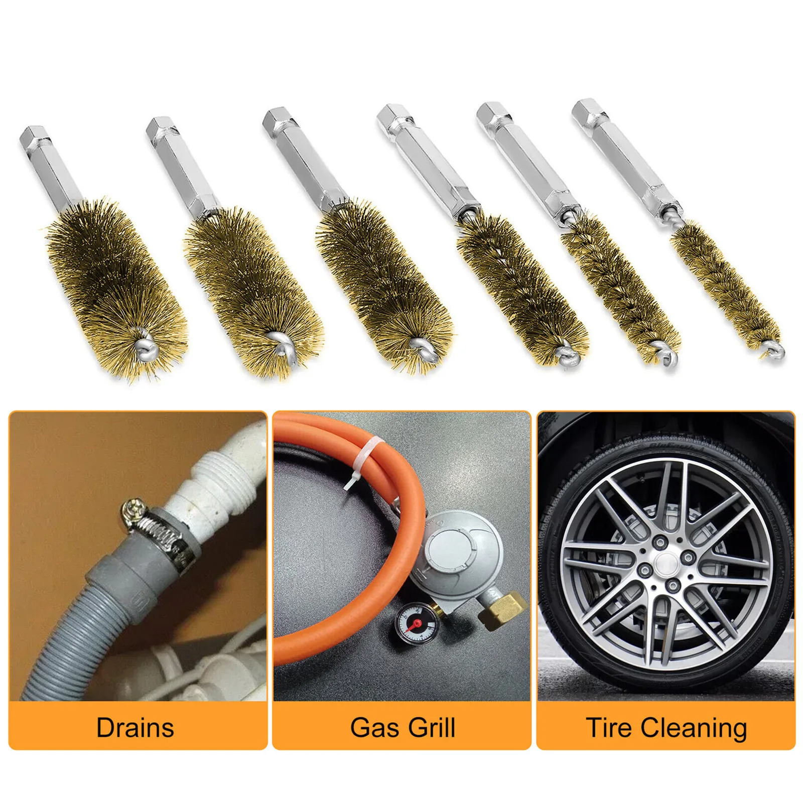 

6Pc/Set Brass Bore Brush Kit Twisted Wire Stainless Steel Cleaning Brush 1/4 inch Hex Shank 8-19mm For Power Drill Impact Driver