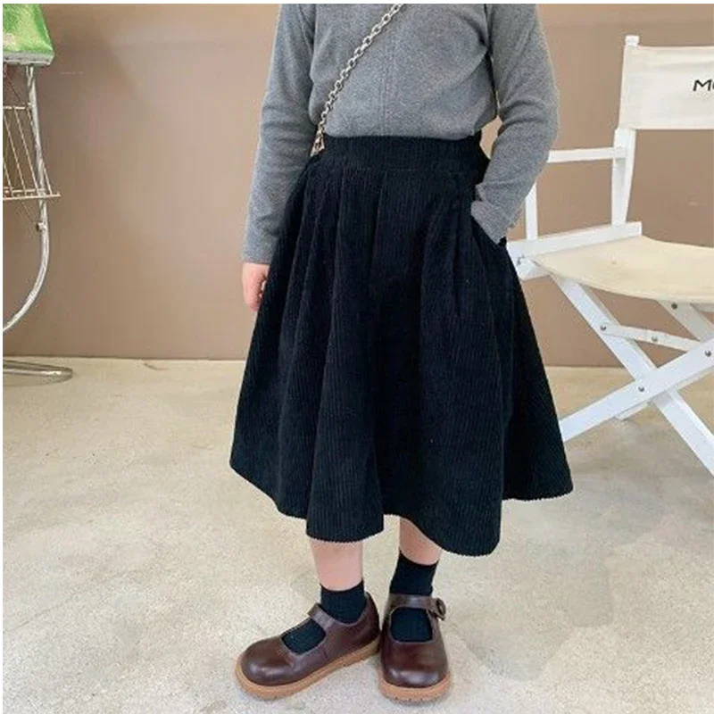 

2 To 10 Years , 2024 New Baby Girls Skirt Corduroy Teenage Kids Clothes Autumn Spring Black Brown Midi Long Skirts For Child