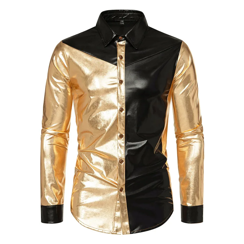 

Mens 70s Disco Party Shirts Shiny Gold Metallic Long Sleeve Shirt Men DJ Nightclub Stage Singer Show Costume Chemise Homme XXL