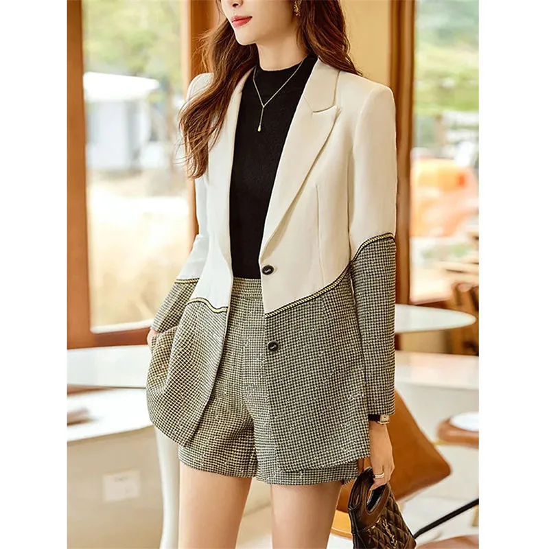 

Contrasting Color Blazer Jacket Female 2024 New Spring And Autumn Two Piece Set Design Sense Niche Stitching Suit+Shorts Suit