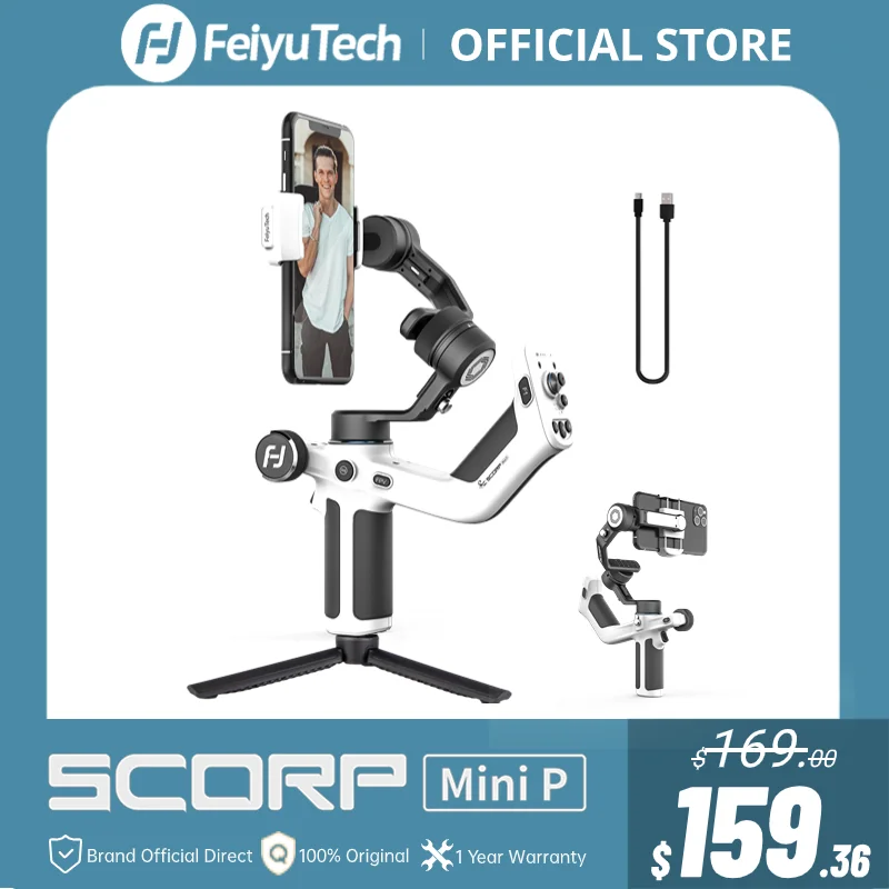 

FeiyuTech SCORP MINI-P 3-Axis Handheld Gimbal Handle Grip for Smartphone iPhone 15Pro Samsung with Tripod 520g load, 2200 mAh