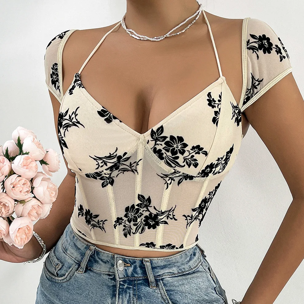 

Apricot Cropped Tops Sexy Print Backless Corset Summer Women's Clothes Tank Top Fashion Halter Bustier Female Slim Camis T-shirt