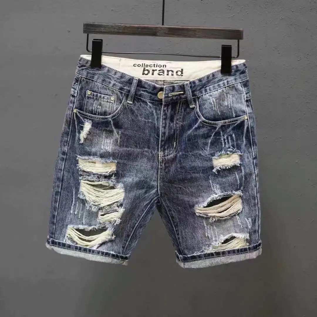 

New Arrival Stylish Distressed Men's Knee-Length Designer Denim Shorts with Scratches and Holes for Casual Summer Baggy Pants