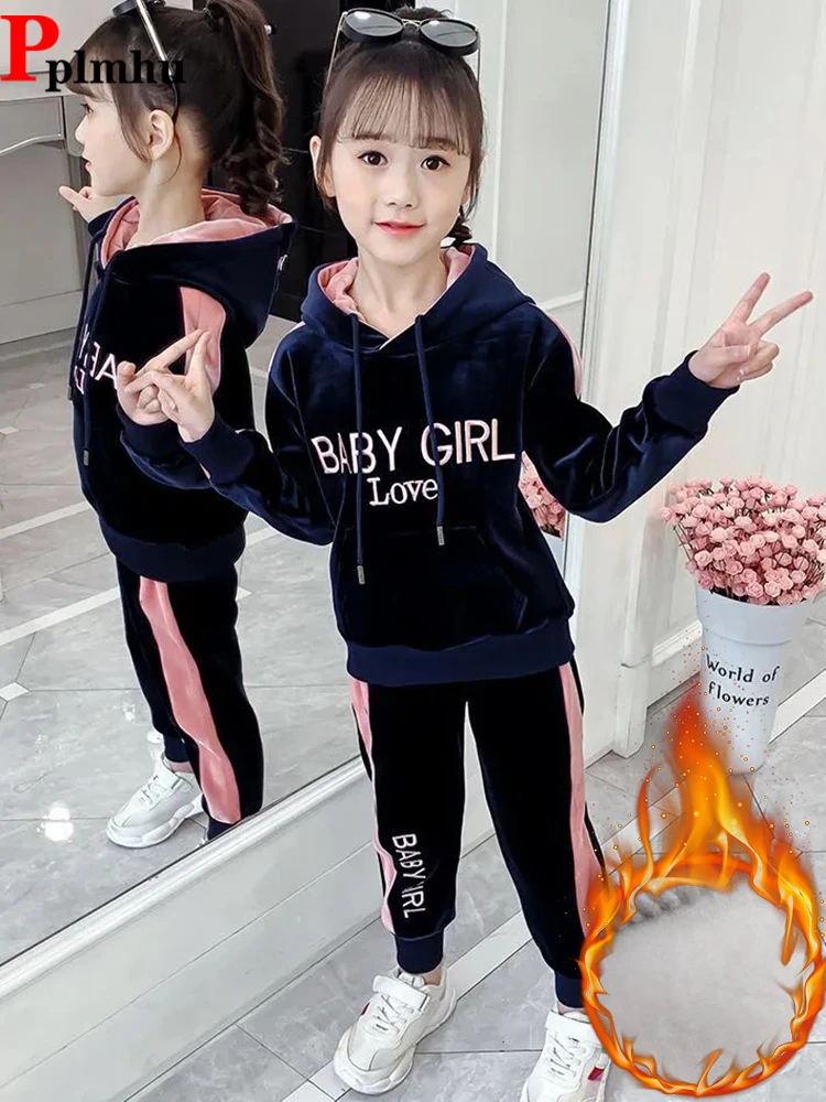 

Winter Velvet Girls 2 Piece Sets Hooded Warm Kids Sweatshirts + Plush Lined Jogger Pants Thicken Children Tracksuit Conjuntos
