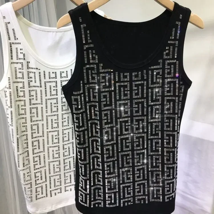 

Heavy Embroidery Hot Drilling Slim Vest for Women 2023 New Geometric Letters Outer Wear Show Thin Inner Bottoming Top