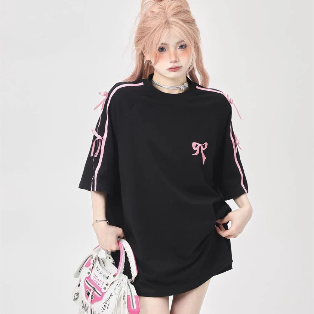 

Korean Bow Loose Black Short-sleeved T-shirt Female Summer 2024 New Design Sense Niche Ins Sweet And Spicy Embroidered Top
