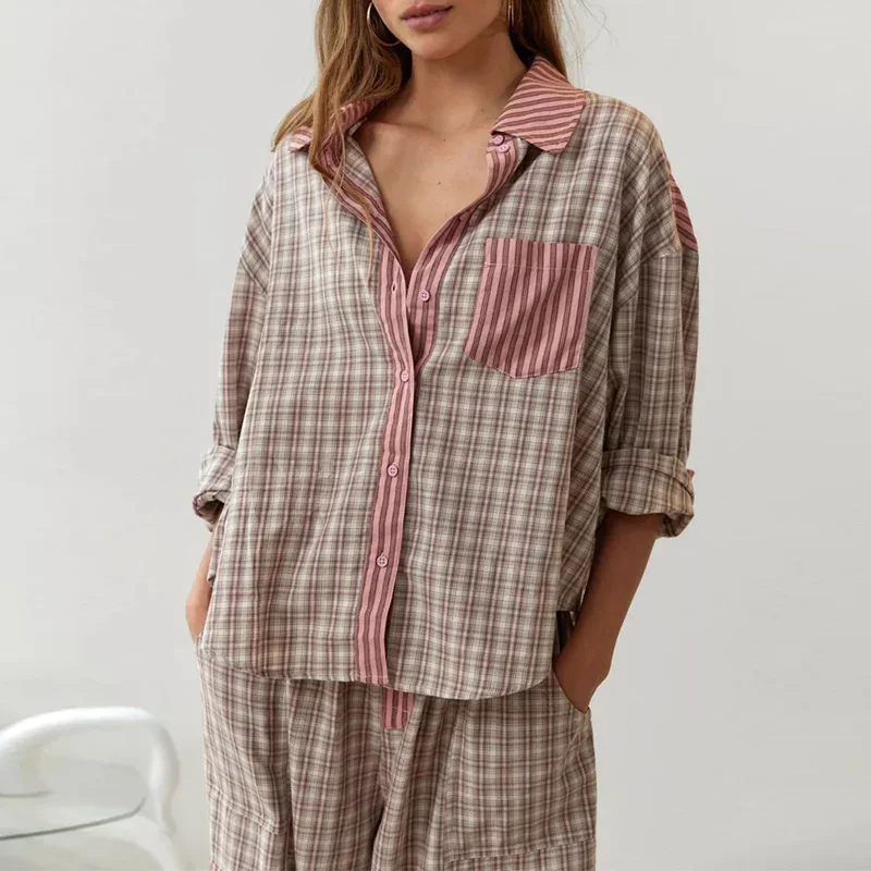 Autumn Women Casual 2pc Homewear Sleepwear Loose Vintage Plaid Shirt Suit Pajamas Lady Chic Spring Sweet Pocket Long Pants Sets
Autumn Women Casual 2pc Homewear Sleepwear Loose Vintage Plaid Shirt Suit Pajamas Lady Chic Spring Sweet Pocket Long Pants Sets