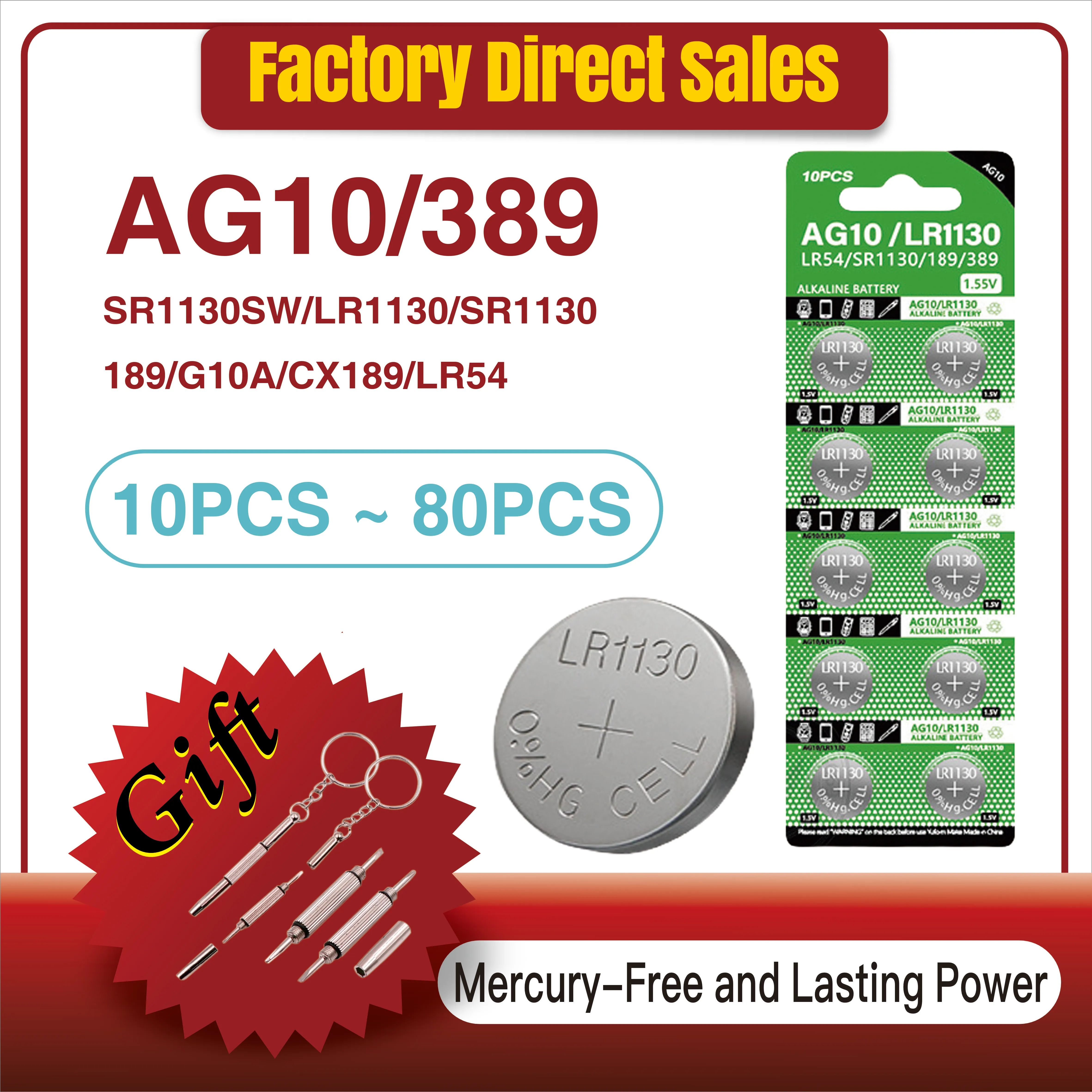 

10-80PCS 1.55V AG10 LR1130 Button Batteries SR54 389 189 SR1130 D189 LR54 G10A SR1130SW Cell Coin Watch Toys Remote Battery