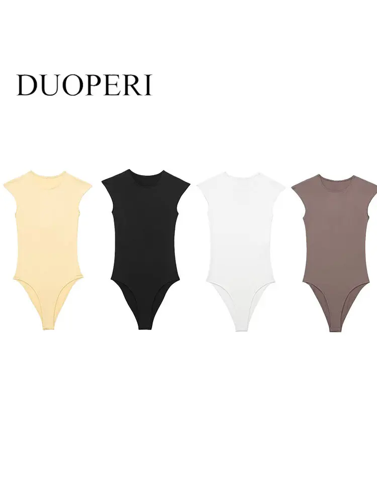 

DUOPERI Women Fashion Solid Slim Fitting Bodysuits Vintage O-Neck Sleeveless Female Chic Lady Tank Tops